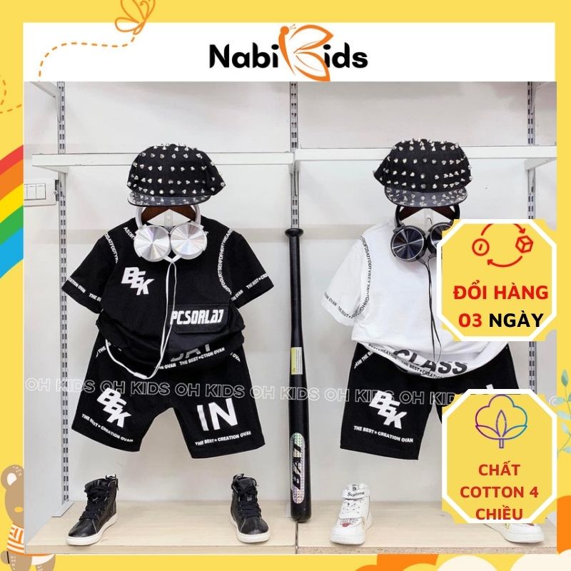 Đồ bộ cộc tay bé trai kiểu dáng hiphop Bộ quần áo cộc tay chất liệu cotton cho bé trai từ 20-30kg (5-10 tuổi)