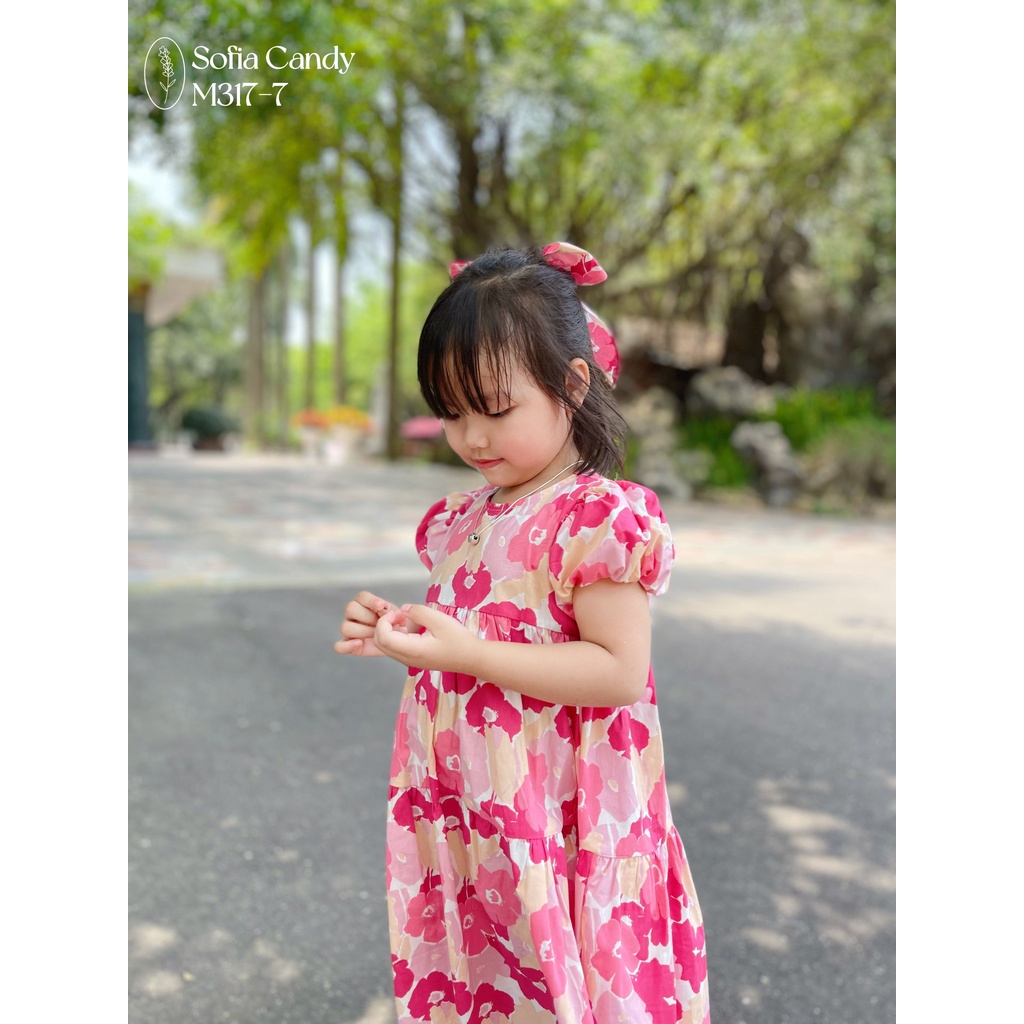 VNXK-VÁY HOA SOFIA THIẾT KẾ 2 MÀU HOA XANH, HỒNG CHO BÉ GÁI , TẶNG KÈM NƠ BUỘC TÓC XINH XẮN-MÃ ĐBG06