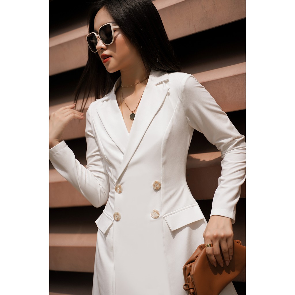 RECHIC Đầm dáng Vest Hazel màu trắng tay dài chiết eo có đính nút thanh lịch công sở