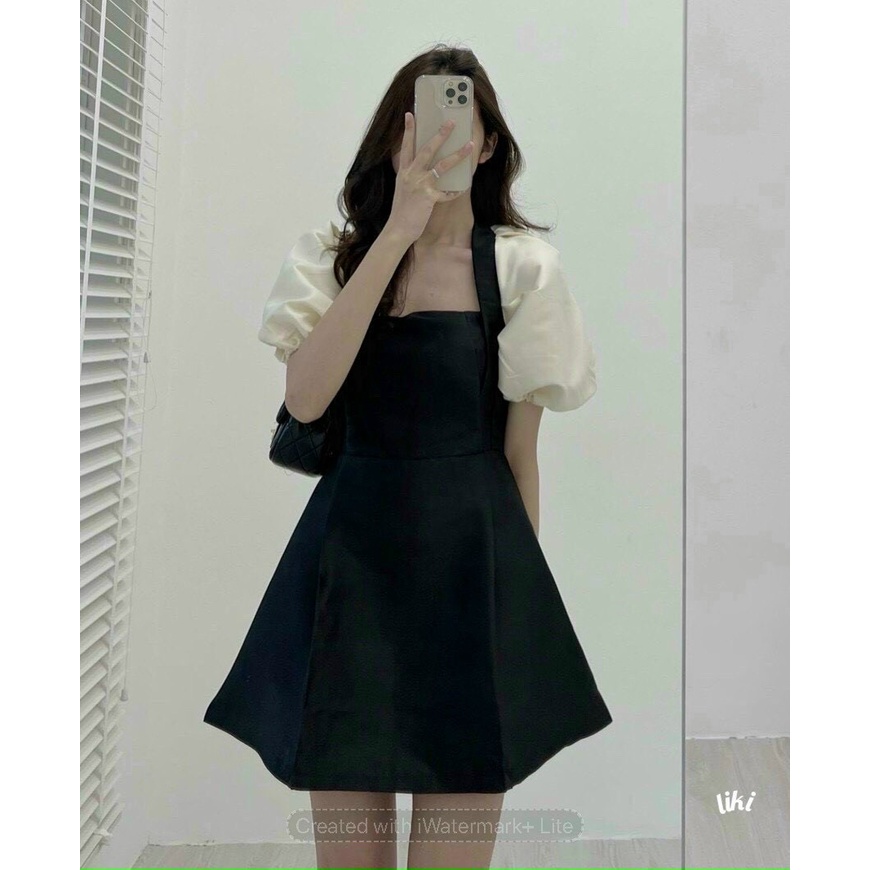 đầm ngắn cát hàn phối tay vol kiểu cổ vuông