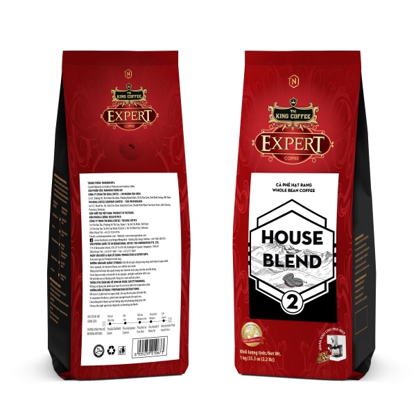 Cà phê Rang Mộc nguyên hạt pha máy Expert HOUSE blend 2 King coffee House Blend 2 Whole Bean  Bag 1000gr