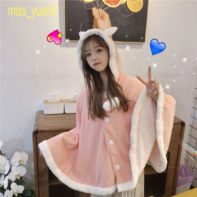 Áo khoác len phối nhung có mũ tai thỏ dễ thương thời trang thu đông cho nữ | BigBuy360 - bigbuy360.vn