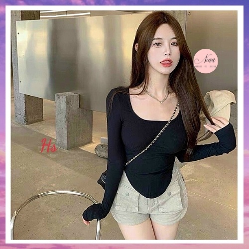 Áo Body Nữ Thu Đông Dài Tay Cổ Vuông Xẻ 2 Bên, Chất Bozip NinaStore - SP000628