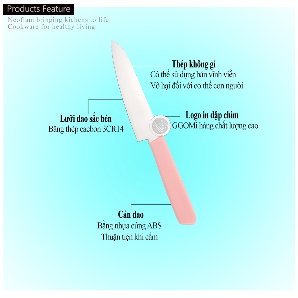 [HÀNG CHÍNH HÃNG] Dao gọt trái cây màu hồng  dài 23cm, lưỡi dài 13cm, thép không gì GGOMi Hàn Quốc GG357