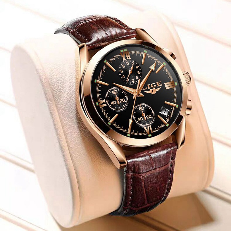 HÀNG CAO CẤP -  LIGE Đồng Hồ Nam Dây Da Chính Hãng Chống Nước Chronograph Đđồng Hồ Thời Trang Nam Đồng Hồ Kim 