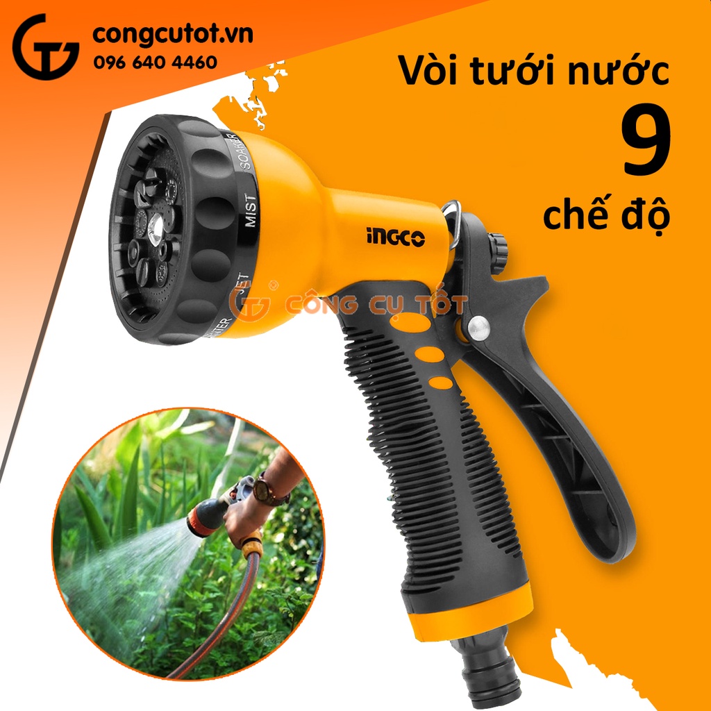 Vòi xịt tưới nước 9 chế độ Ingco HWSG092 tay nhựa TPR mềm