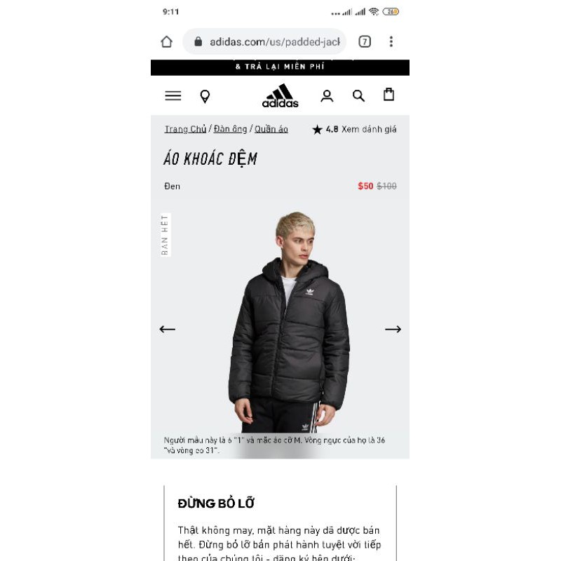 Auth]Áo Khoác Thể Thao Nam Adidas Jacket PADDED ED5827 -Săn Sale