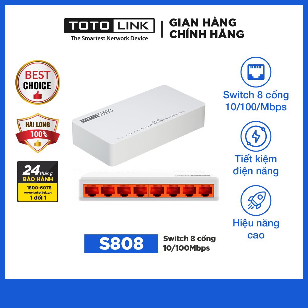 Switch 8 cổng 10/100Mpbs TOTOLINKS 808 Bộ chia mạng cho máy tính bàn PC Laptop giá rẻ dễ cài đặt Hàng chính hãng