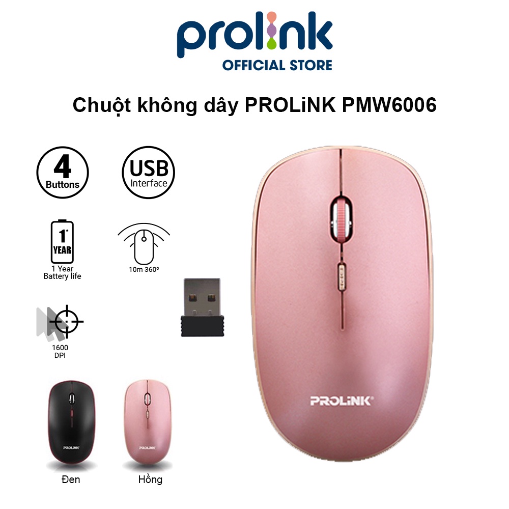 Chuột không dây PROLiNK PMW6006 giá rẻ, độ nhạy cao dành cho PC, Macbook, Laptop