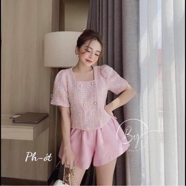 Áo dạ TWEED hồng dáng ngắn tay cộc cổ vuông đẹp giá rẻ❤️