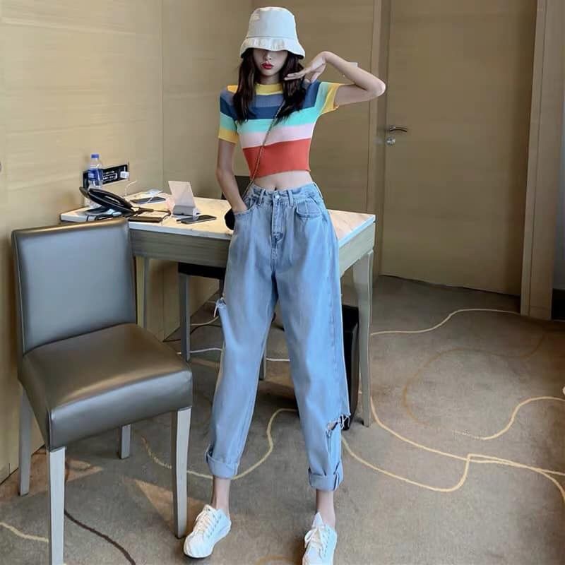 [ORDER] Set áo croptop ôm tay ngắn rainbow + quần jeans nữ dài baggy ống rộng ulzzang ( có bán riêng )