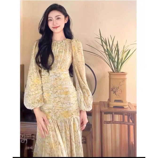 🤞HAI LỚP🤞Đầm đuôi cá hoạ tiết hoa vàng chất voan tơ 2 lớp