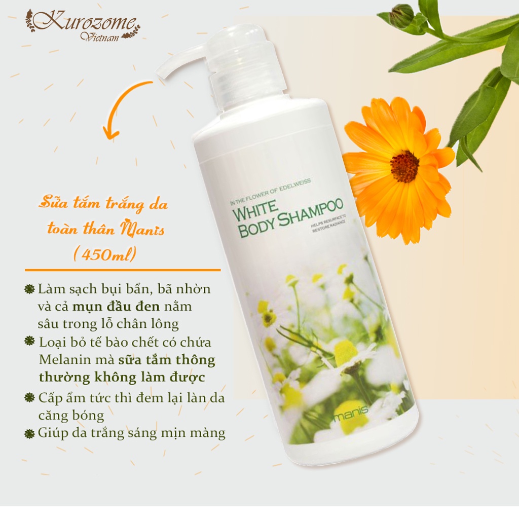 Sữa Tắm Trắng Da Manis White Body Shampoo Dưỡng Ẩm Săn Chắc, Tẩy Tế Bào Chết, mùi hoa cỏ thư giãn MN001/MN002 450ml