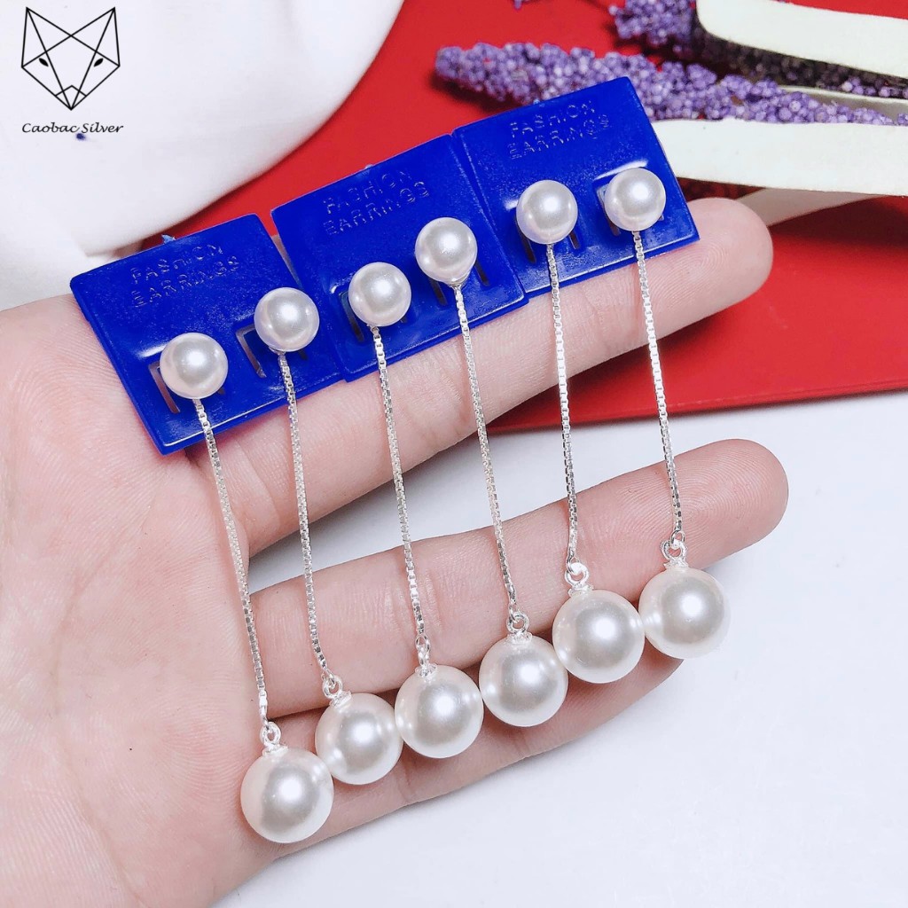 Khuyên Tai Bạc Nữ S925 CaoBac Silver Khuyên Sợi Dài Đính Ngọc Trai Nhân Tạo Sang Trọng - SKT02