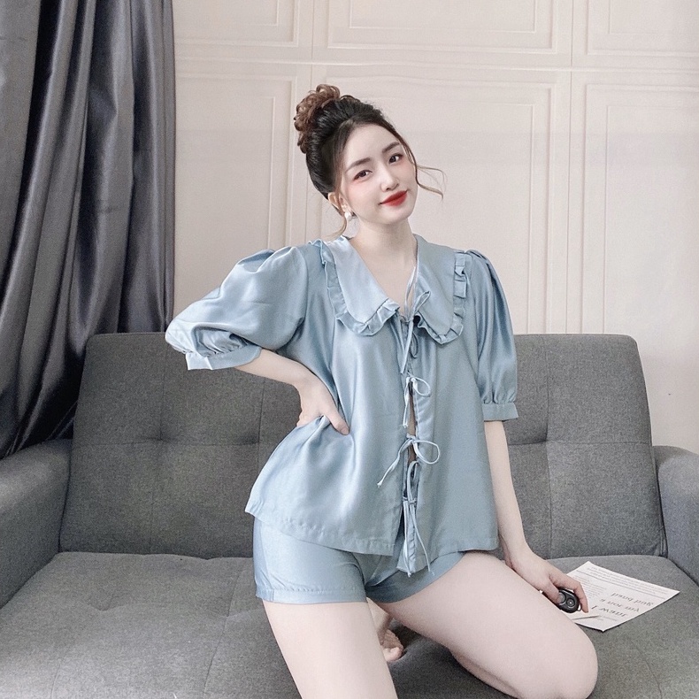 Đồ Ngủ Mặc Nhà Tay Ngắn Lụa Satin Cao Cấp Mềm Mịn Thoáng Mát Cột Dây Nơ Xinh Xắn Freesize - CN036 CINY | BigBuy360 - bigbuy360.vn