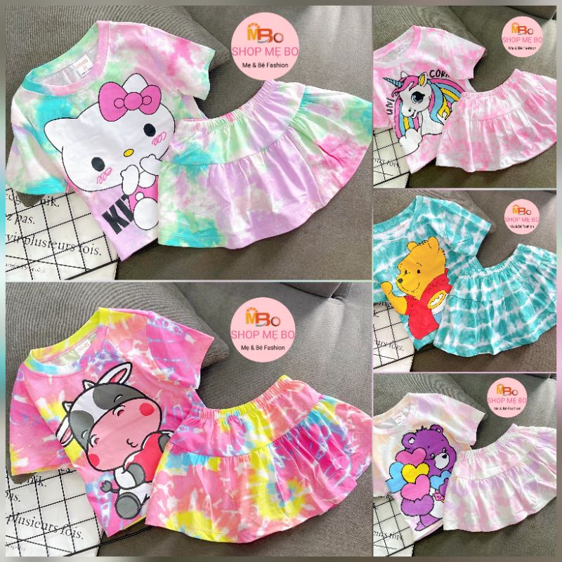 Đồ bộ thun cotton cho bé gái chân váy kèm quần chip in mickey, ngựa pony, mèo kitty