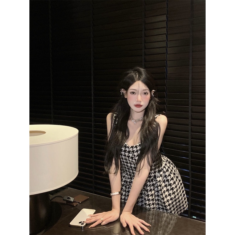 Summer 2022 new pure sexy spice girl sexy thousand grid bird suspender dress feminine waist puffy skirt