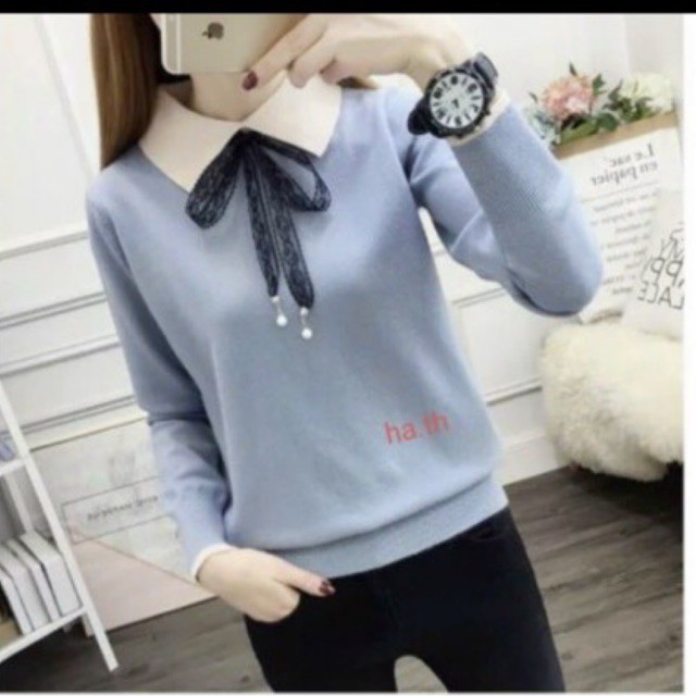 Áo len nữ dài tay cổ đức nơ ren đính ngọc, áo len đẹp  sẵn hàng tại shop