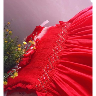 Đầm Smock đỏ cổ tròn