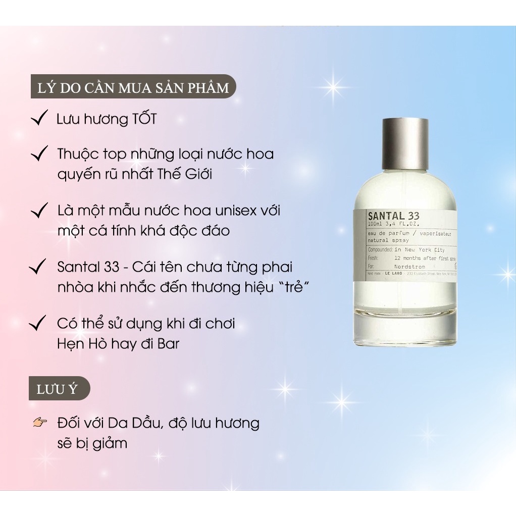 Nước Hoa Nam Nữ Lelabo Santal 33 Hương Gỗ Lịch Lãm Đẳng Cấp - Dầu Thơm nam nữ unisex dung tích 100ml Lưu Hương Lâu