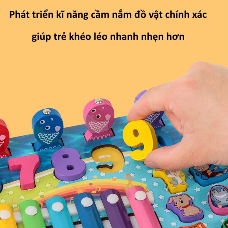 [GIÁ ƯU ĐÃI] Đồ chơi Bảng cọc gỗ Xếp hình số, hoa quả, động vật câu cá kèm đàn 5 tác dụng