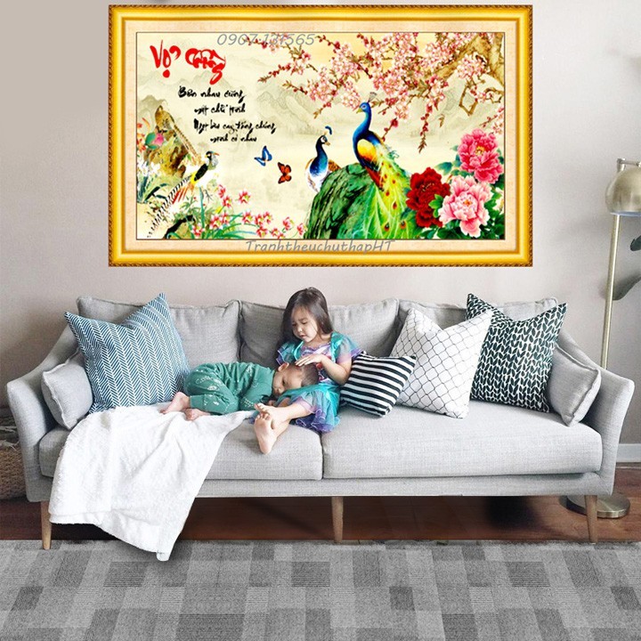 Tranh đính đá vợ chồng chim công LV168 - size: 100*50cm (tự làm)