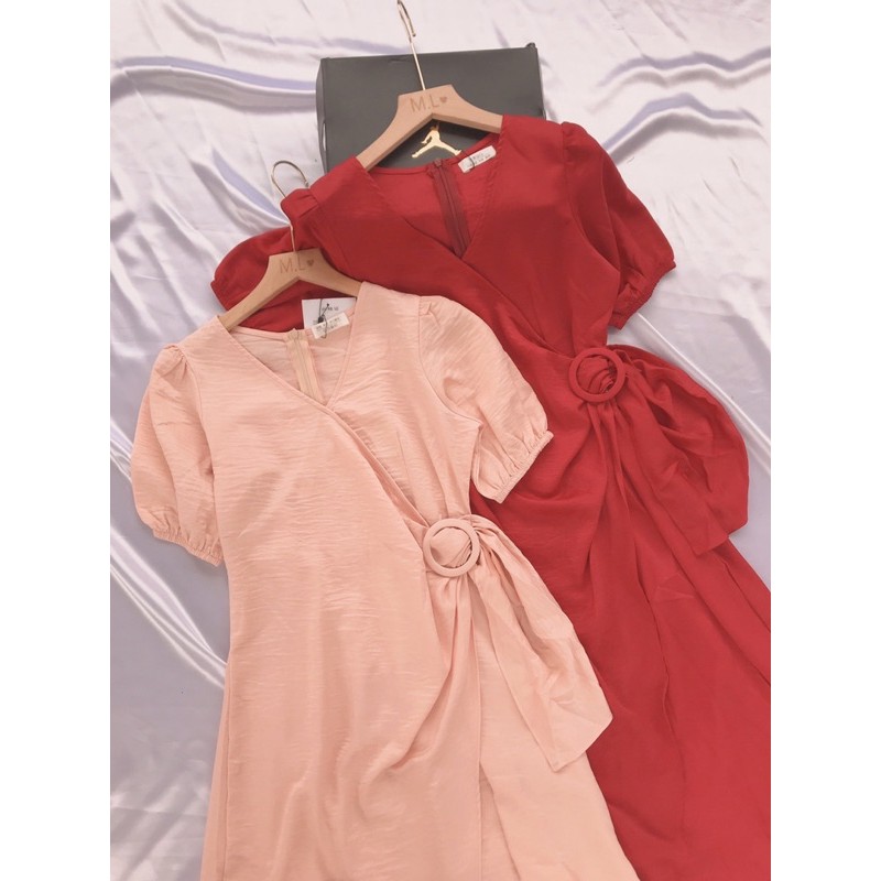 Đầm xoè cổ V vạy chéo 2 màu đot và hồng