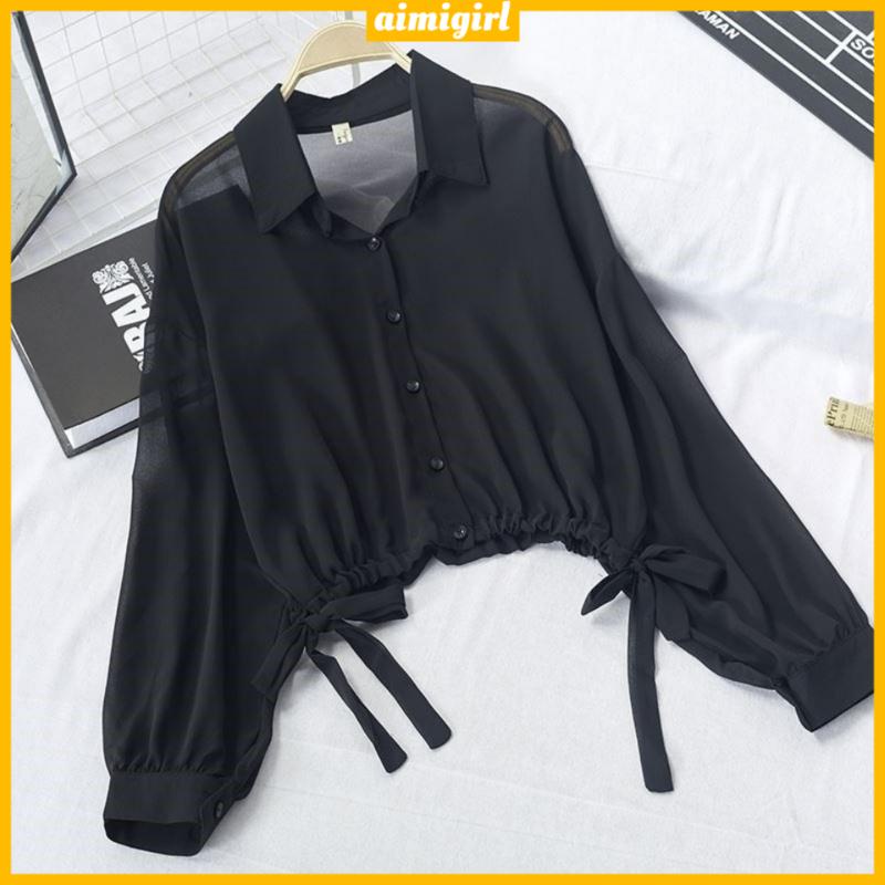 Áo Sơ Mi Voan Mỏng Tay Phồng Ngắn Màu Trơn Chống Nắng Thời Trang Mùa Hè Cho Nữ