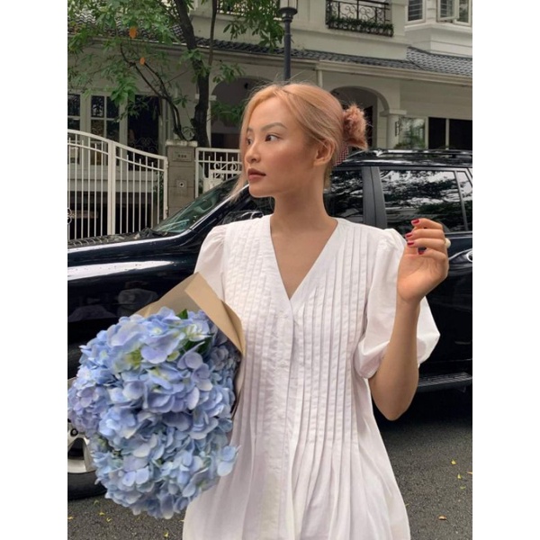 Đầm trắng Rose white dáng dài xếp ly dọc