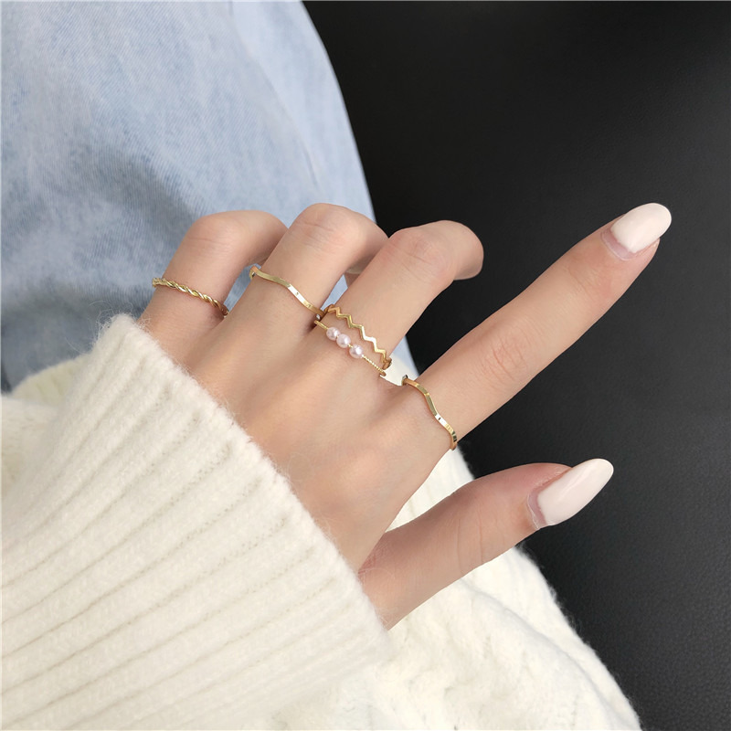 Bộ 5 chiếc nhẫn đính ngọc trai nhân tạo đơn giản phong cách Nhật Hàn cá tính dành cho bạn nữ F396