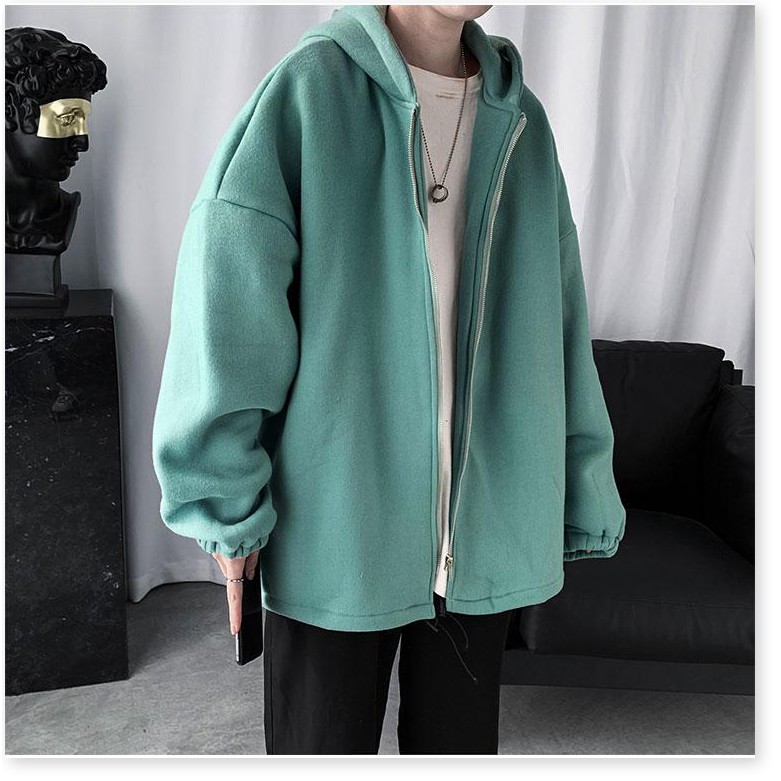 Áo Hoodie Form Rộng Dây Khóa Kéo Trơn Chất Liệu Nỉ
