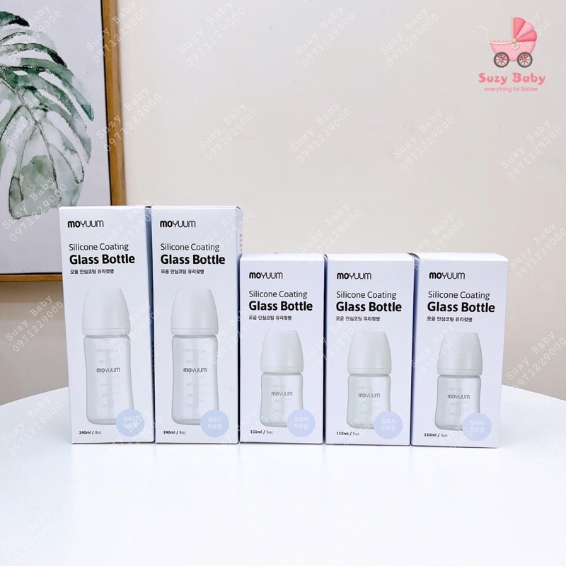Bình sữa Moyuum thuỷ tinh tráng Silicon cao cấp siêu nhẹ siêu bền 150/250ml ( kèm núm)