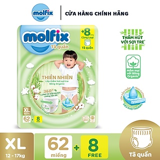 Tã/bỉm Quần/Dán Molfix thiên nhiên bông Organic tự nhiên size XL62 tặng 8 ( 12-17kg )