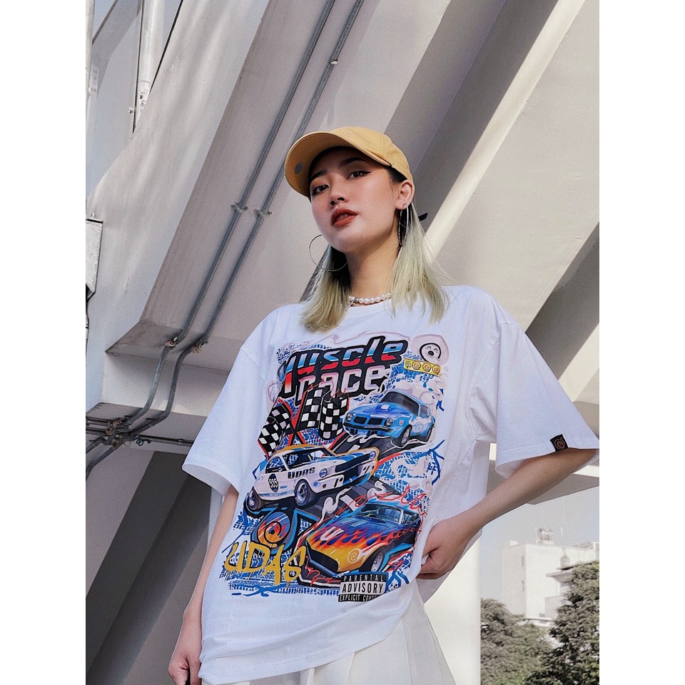Áo thun tay lỡ UDAS phông Unisex nam nữ Cotton oversize form rộng MUSCLE RACE - Trắng | BigBuy360 - bigbuy360.vn