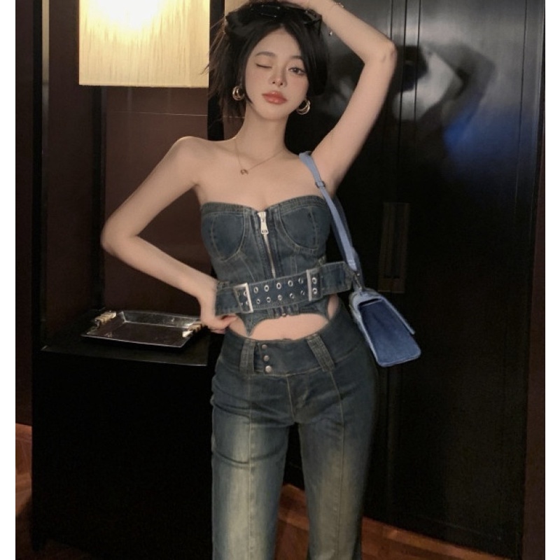 Áo ống và quần jean lưng cao thời trang quyến rũ cho nữ