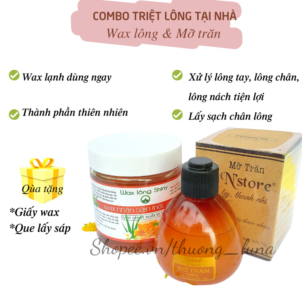 Combo triệt lông Wax lông mật ong nhân sâm  SHINY handmade  350g+ mỡ trăn triệt lông N store 75g