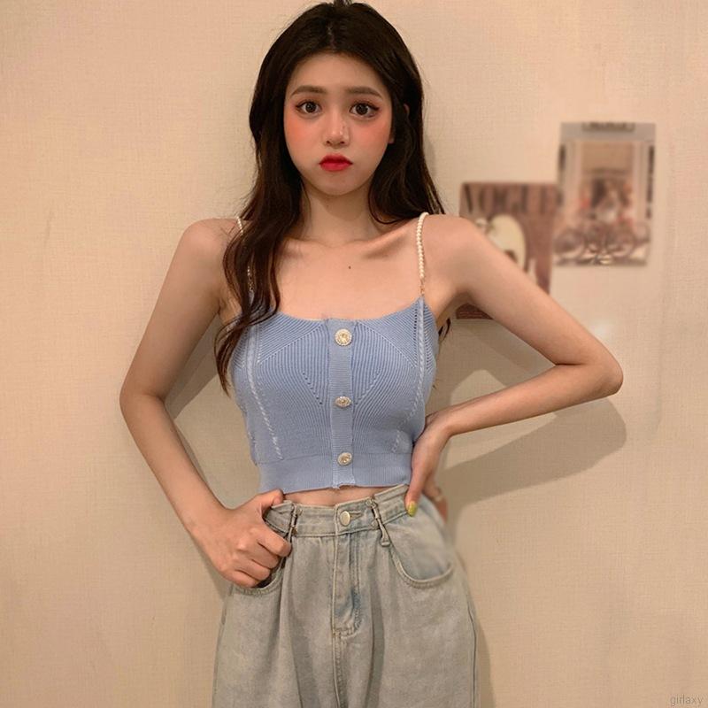 Áo Dáng Ngắn Hai Dây Ngọc Trai Quyến Rũ Thời Trang Cho Nữ