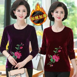 Áo nhung nữ trung niên thiết kế phối hoa kiểu dáng sang trọng quý phái QCNP690