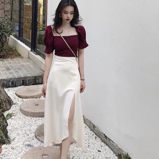Sét Váy Áo Phồng Chân Váy Xẻ Dễ Thương