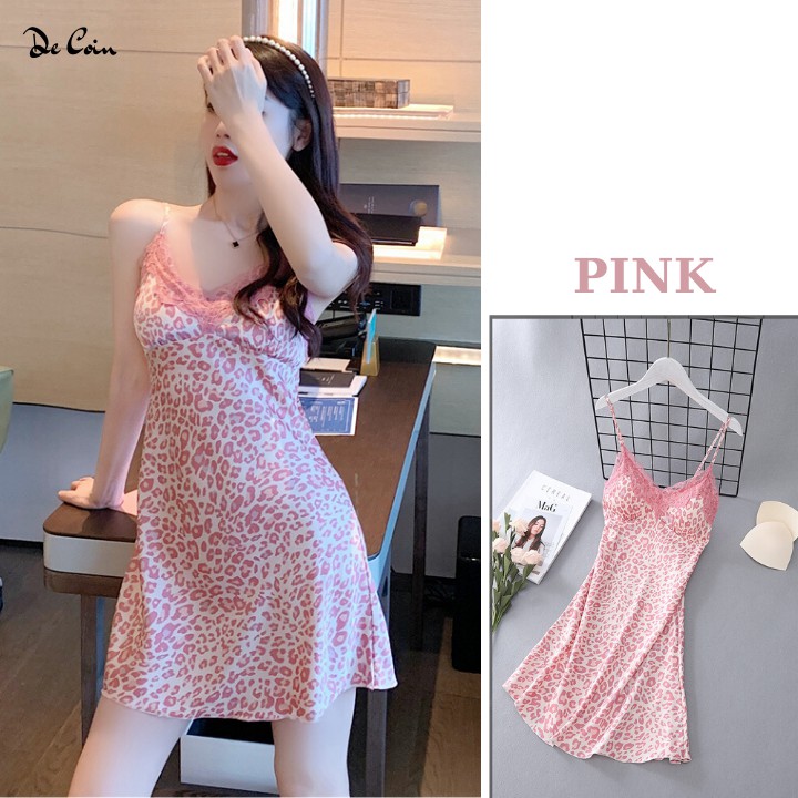 Váy đầm ngủ sexy lụa satin quảng châu cao cấp họa tiết da beo hồng DE COIN | BigBuy360 - bigbuy360.vn