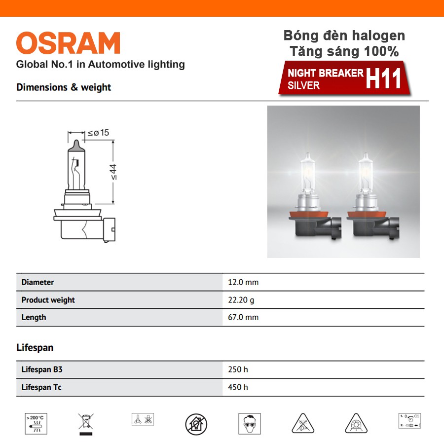 Bóng Đèn Halogen Tăng Sáng 100% OSRAM Night Breaker Silver H11 12V 55W - Nhập Khẩu Chính Hãng