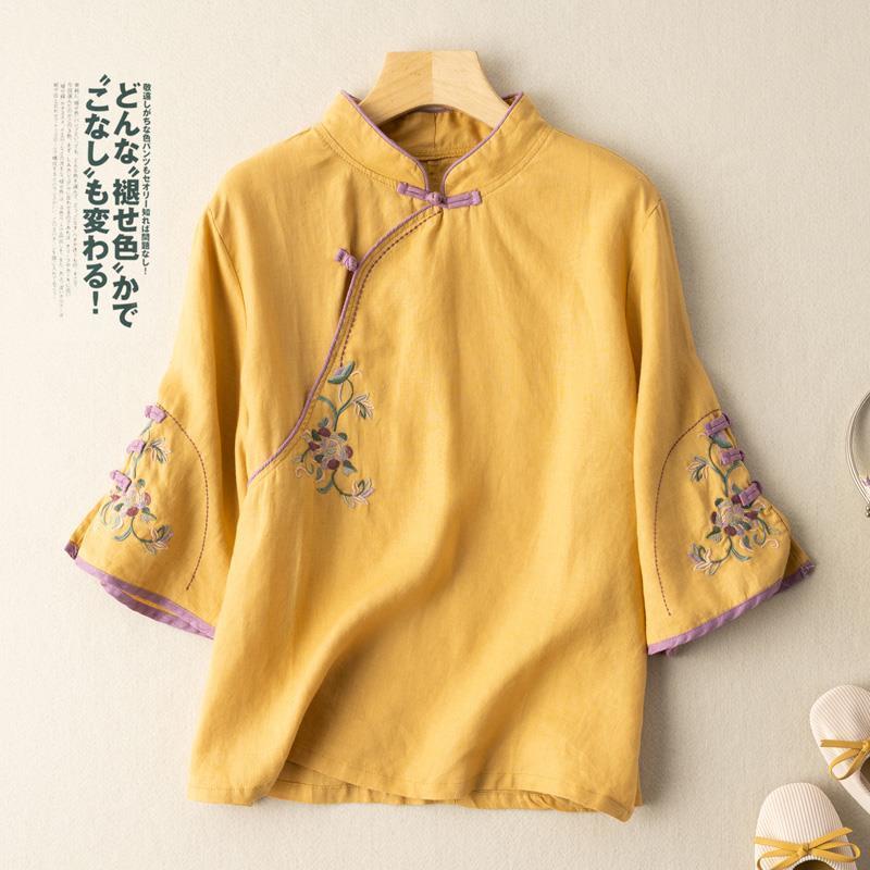 Áo Sơ Mi Cotton Lanh Tay Lửng Thêu Họa Tiết Dân Tộc Phong Cách Retro Mẫu Mới 2022 Kích Thước M-4xl Dành Cho Nữ