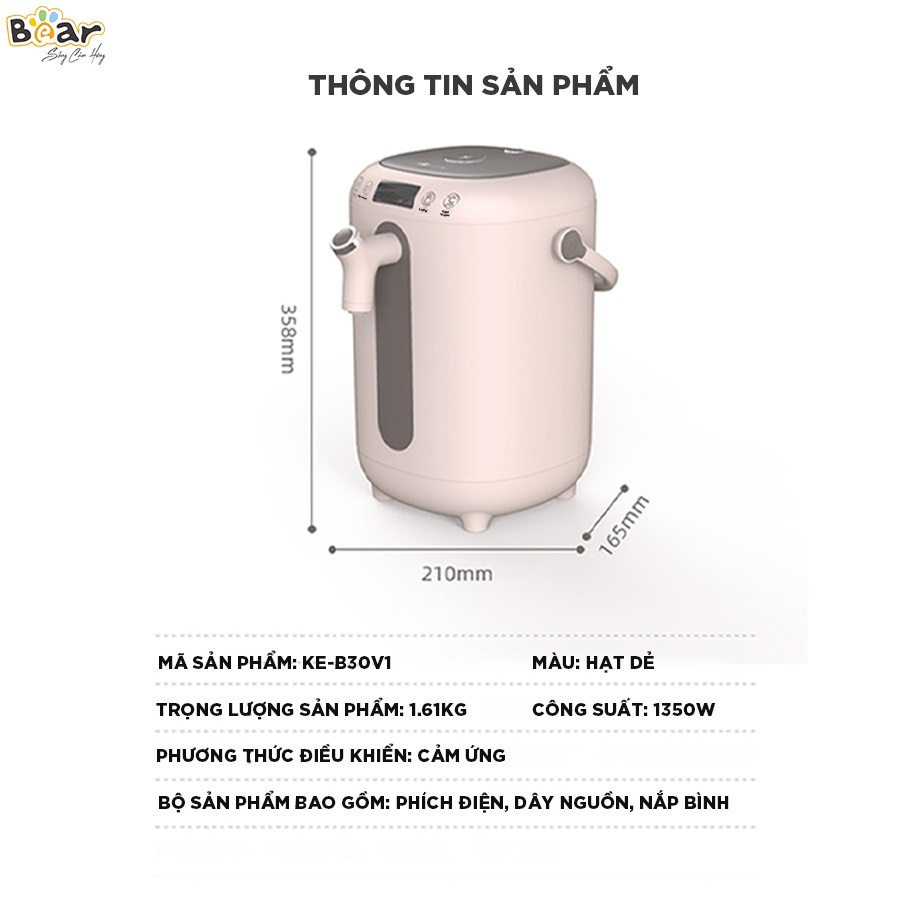 Bình đun nước thủy điện thông minh Bear KE-B30V1 3 Lít, chế độ khử clo và khoá trẻ em an toàn