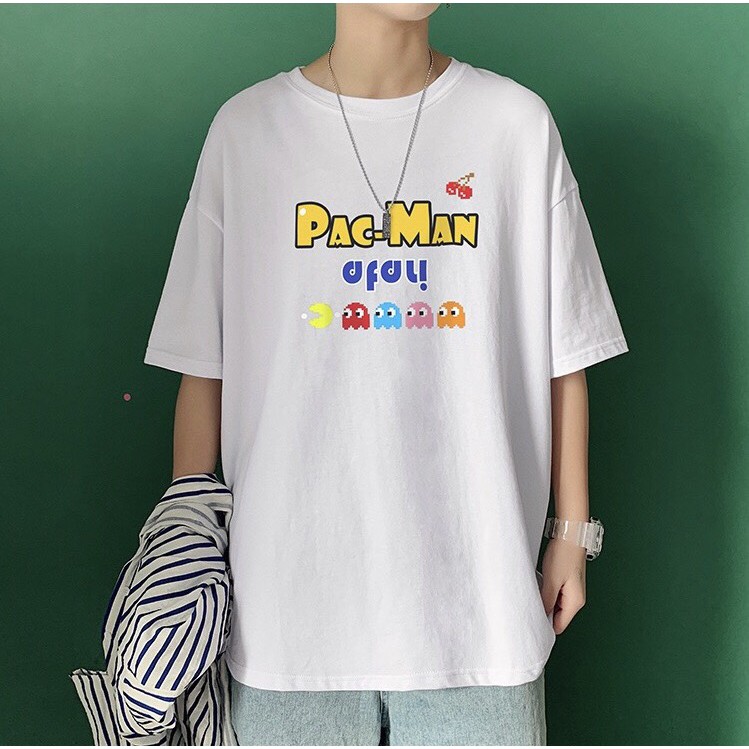 Áo phông nam nữ form rộng 2N Unisex thun cotton in chữ Pacman màu trắng/vàng