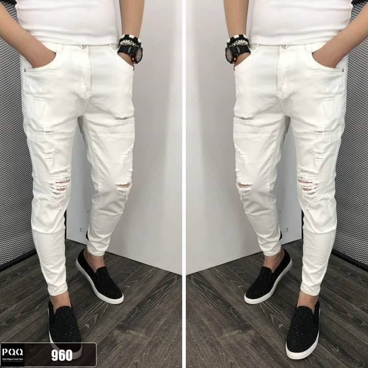 Quần jean nam màu trắng rách, jean co giãn