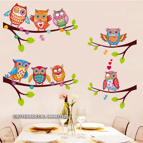 Decal trang trí tường - Cành Cây Cú Sắc màu 02