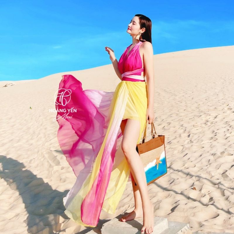 🌸 Đầm maxi loang màu hồng vàng dây dày cột nơ hở lưng đi biển du lịch, siêu xinh