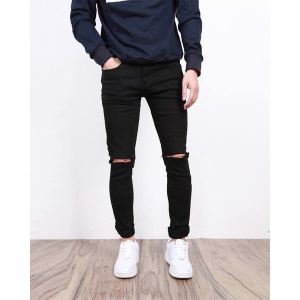 Quần Jeans Nam Rách Gối Vải Jeans co dãn,mầu đen trơn, hàng đẹp giá tốt