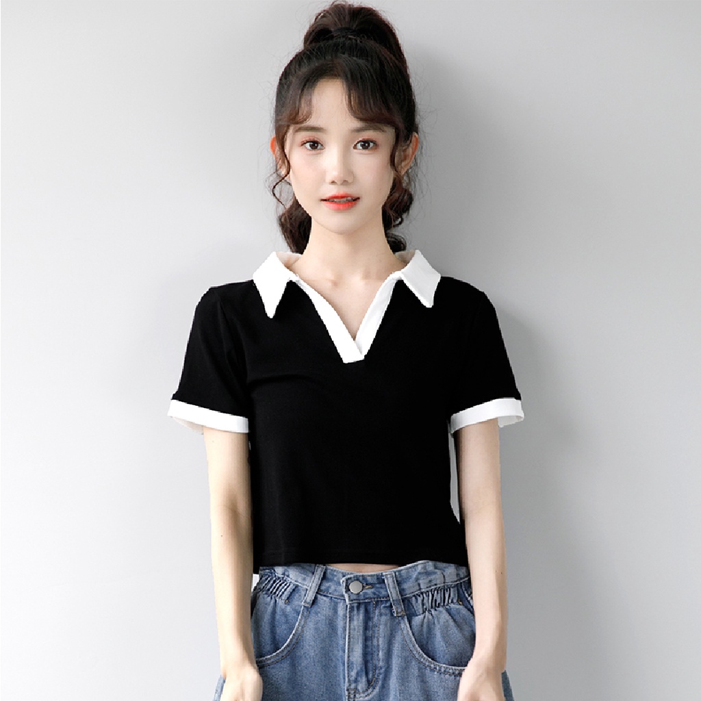 Áo polo nữ OKIMAC form ôm tay ngắn phối viền trắng chất cotton đẹp thoáng mát phong cách ullzang