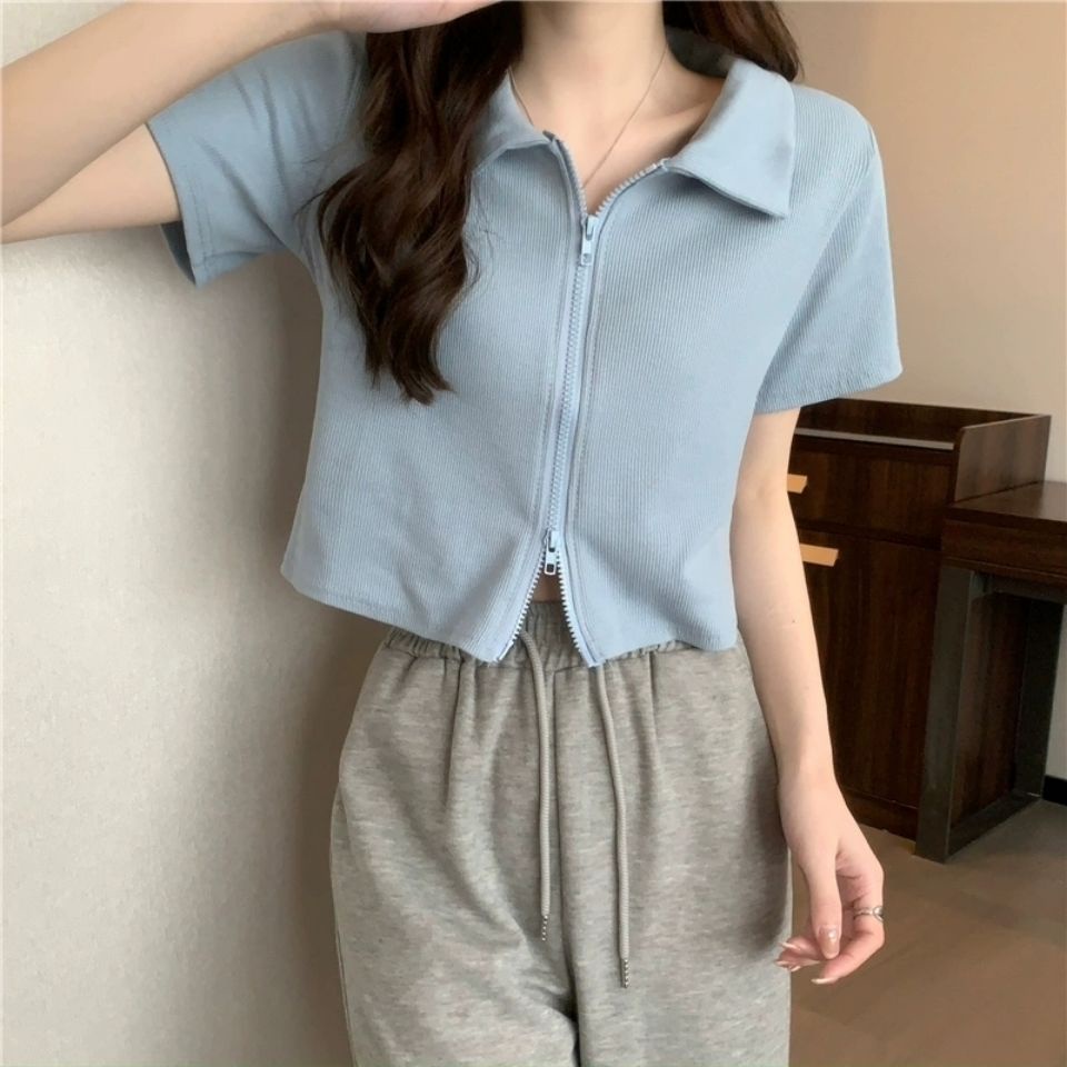 Áo Thun Crop Top Nữ Ngắn Tay Có Khóa Kéo Mới
